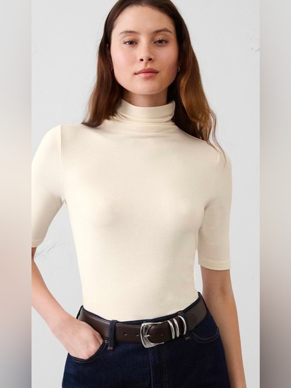 Banana Republic Factory Cream Short-Sleeve Turtleneck Top